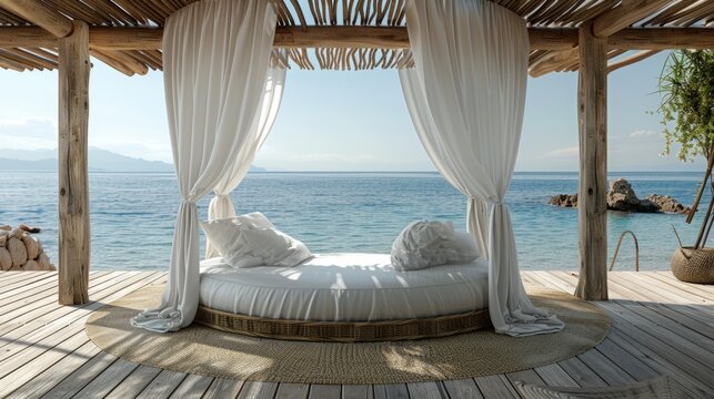 Relaxing daybed on a tropical beach with ocean view