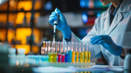 A researcher analyzing scientific data with bar graphs, demonstrating experimental results and conclusions.