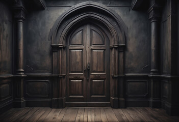 Fototapeta premium A frontal view of a dark room with an old wooden door, dark and mysterious atmosphere, ancient gothic castle