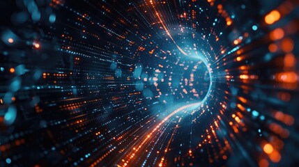 Obraz premium A vibrant blue and orange tunnel filled with various types of lights