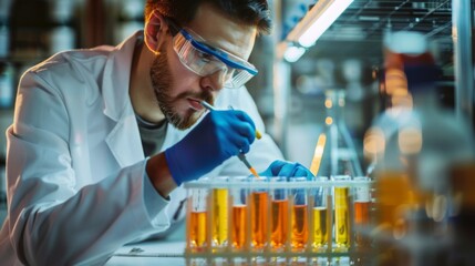 A researcher analyzing scientific data with bar graphs, demonstrating experimental results and conclusions.