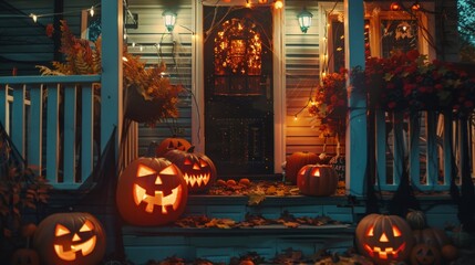 House porch adorned with elaborate decorations for vibrant halloween festivities