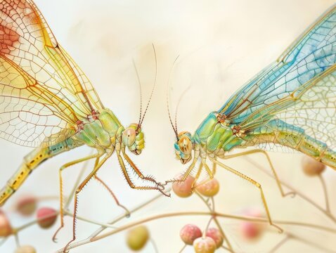 Odonata and katydids in action, intricate details, vibrant colors, natural harmony