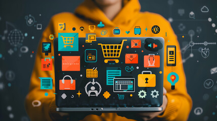 Photo Realistic Individual with Laptop and Digital Marketplace Icons for Marketing Strategy in Digital Marketplaces with Copy Space | Photo Stock Concept