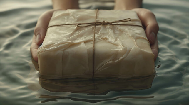 Close-up of hands holding a water-resistant package tied with string over a rippling water surface, symbolizing careful delivery and protection.