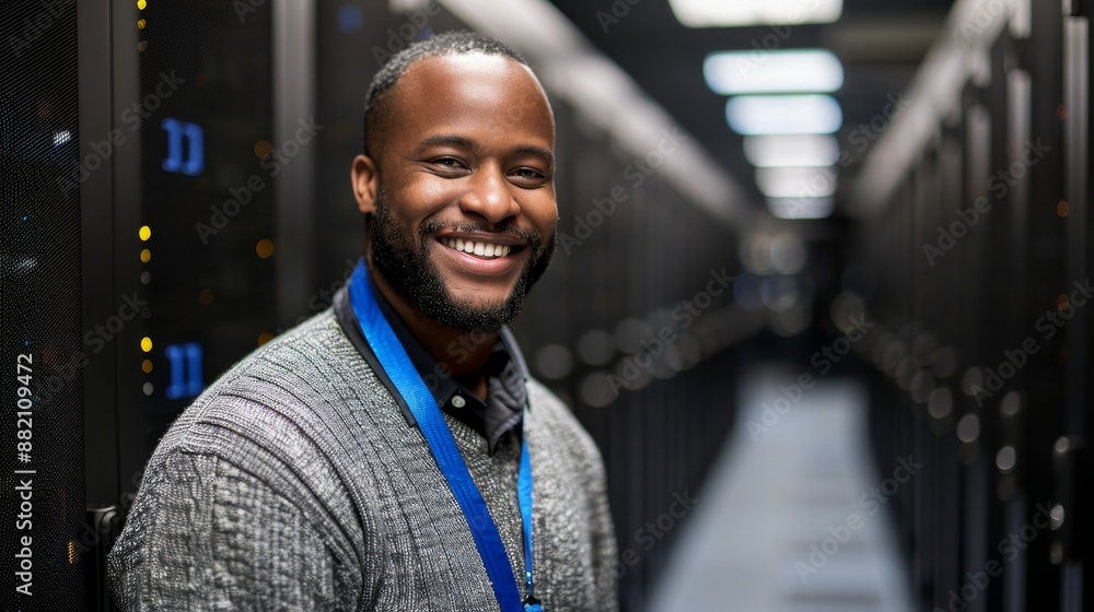 Poster standing in the middle of a large server room in a large data center, an it engineer is curious, pos