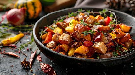 Photo Realistic Composition of Individual with Roasted Vegetables and Serving Dish, Perfect for Thanksgiving Sides with Copy Space   Unique Blend of Person and Roasted Veggies Symb