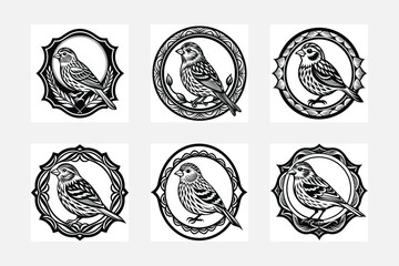 Bird with flower and floral frame set handmade design 