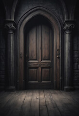 Fototapeta premium A frontal view of a dark room with an old wooden door, dark and mysterious atmosphere, ancient gothic castle