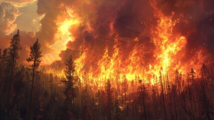 A raging wildfire spreading through a forest, with towering flames and smoke billowing into the sky.