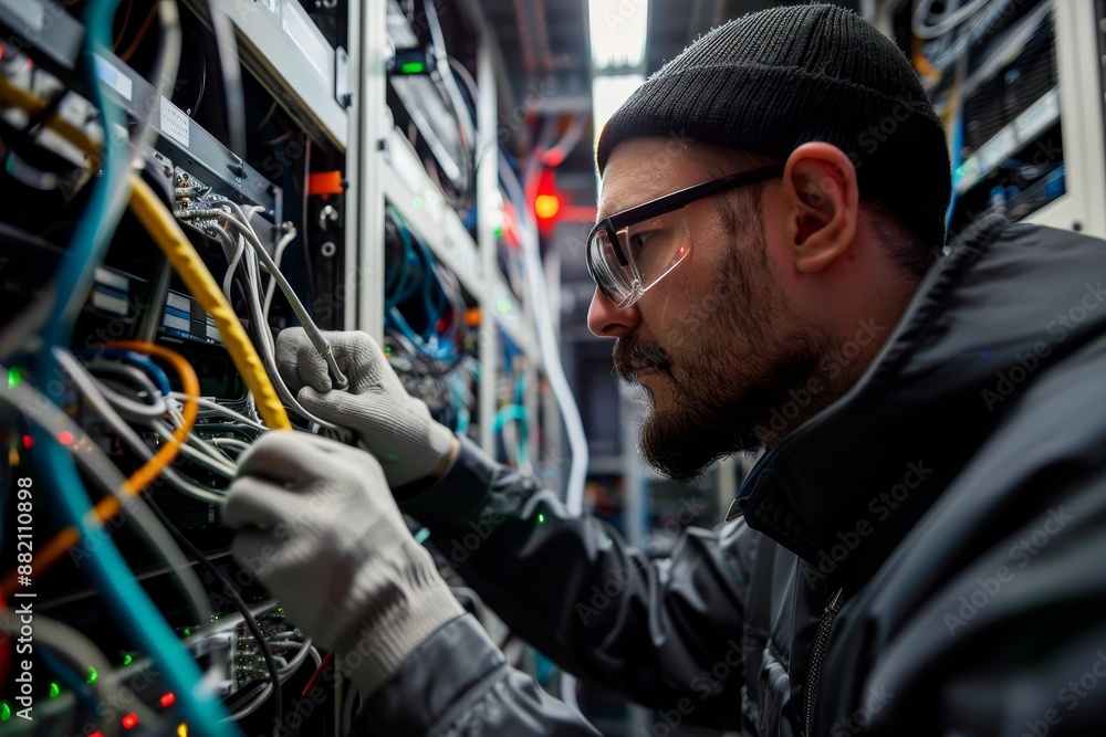 Poster a technician in a data center works with server equipment as he commutes wires.