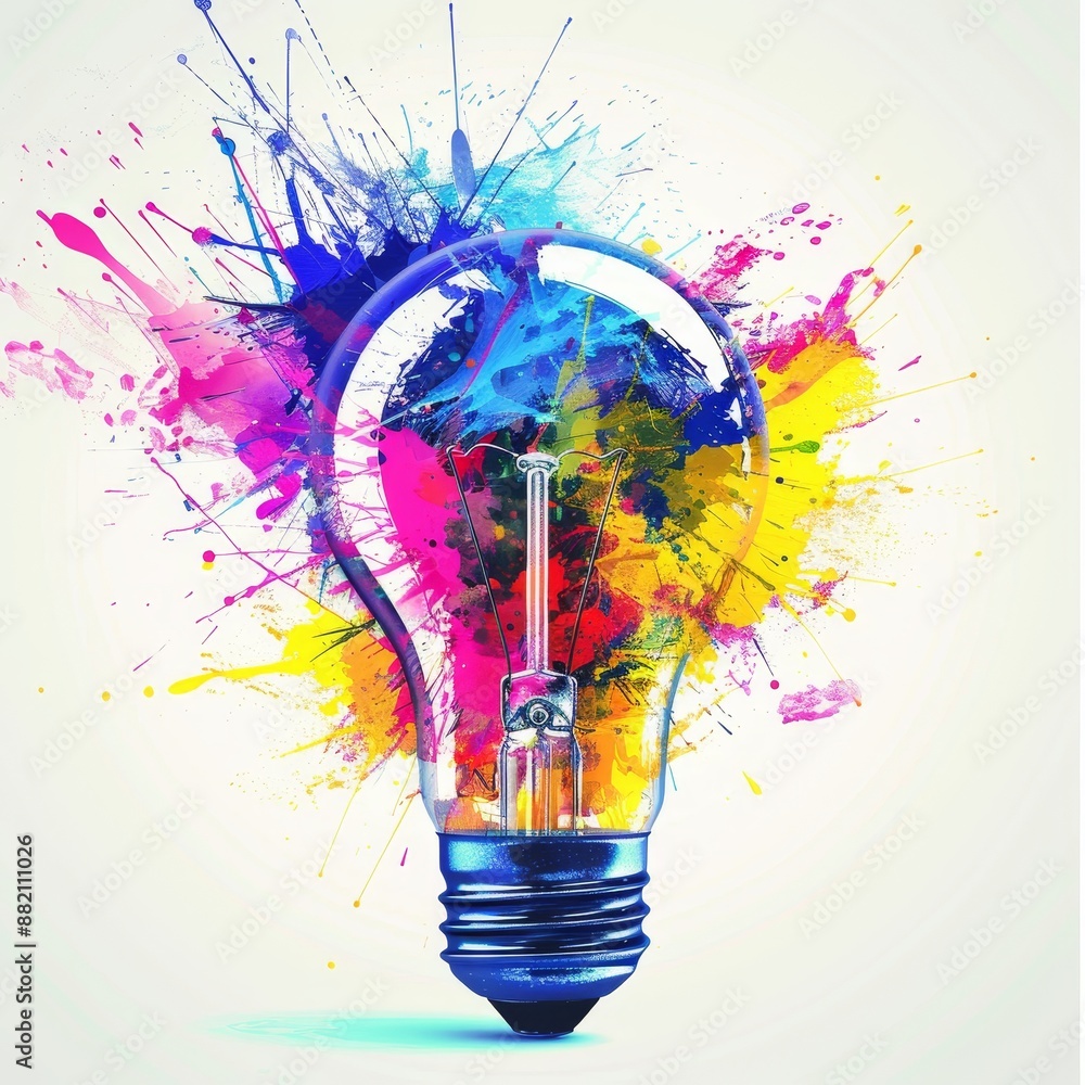 Poster bright idea bulb lamp, isolated design element on transparent background, visualization of brainstor