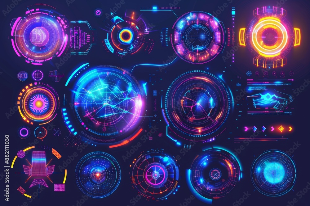 Fototapete set in trendy y2k style with psychedelic backgrounds, geometric shapes, and patterns, cyberpunk elem
