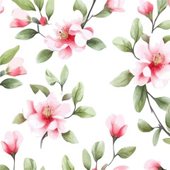 Digital seamless textile White background flower Design with beautiful background, watercolor floral pattern, pink blush flower elements, green leaves branches on a white background, blossom