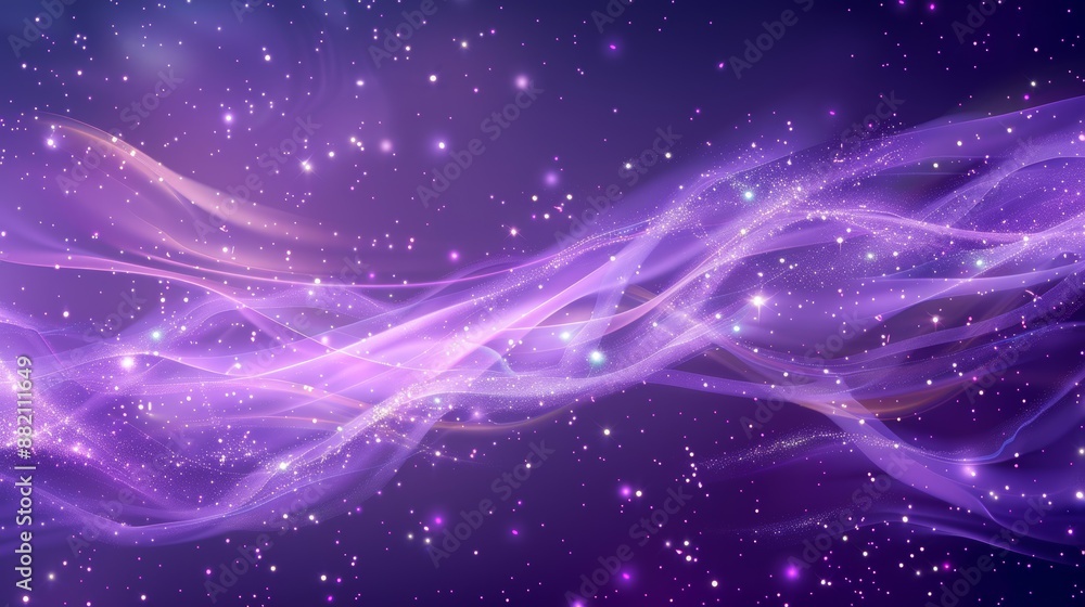 Poster abstract purple particle background with shining stars and waves.