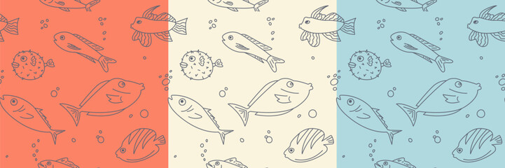 Fish seamless pattern. Hand drawn fishes, line doodle illustration. Vector