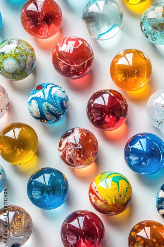Aufkleber a collection of colorful marbles arranged on a table, suitable for use in various contexts such as g
