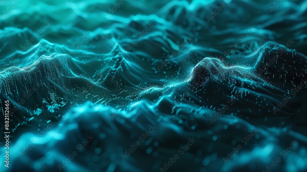Poster an analysis of big data visualized with an analytics representation. a wave of particles is rendered