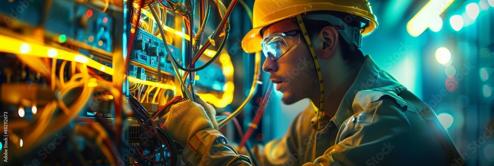 Poster electricians and engineers work on a communication and data transfer circuit with many cables