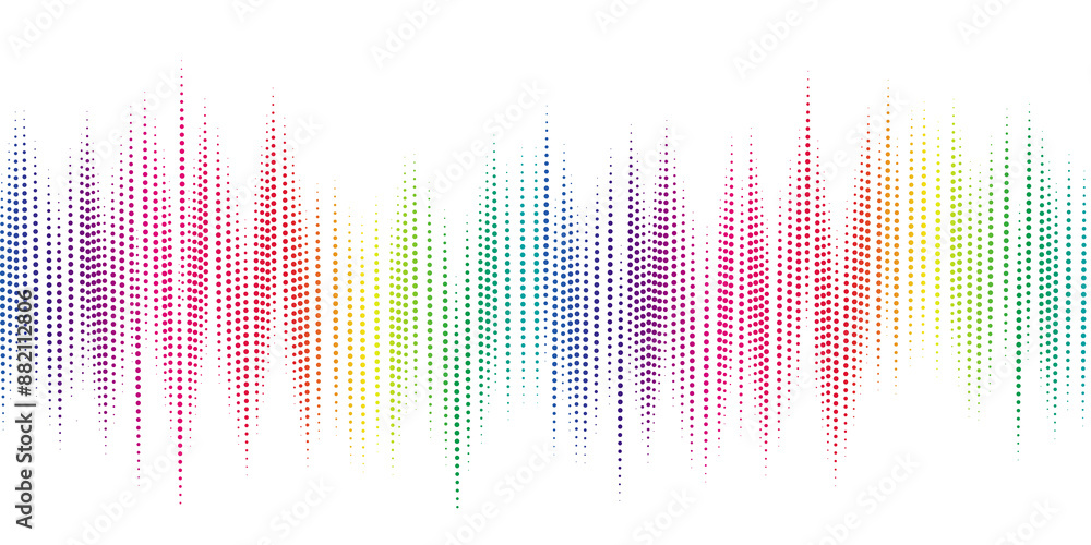 Poster a stunning, colorful visual representation of sound waves created from multicolored dots on a black 
