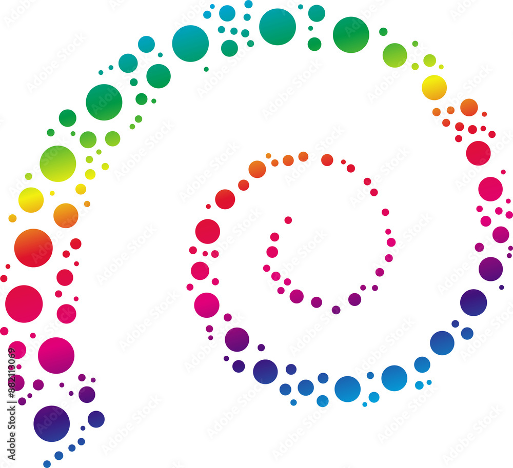 Poster vibrant, multicolored spiral composed of various sized dots, forming dynamic and visually appealing 