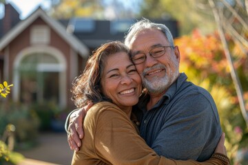 Obraz premium Portrait, love, elderly coupe hug, outdoor bliss for romance, anniversary, and relationship. Happy older guy and old woman embrace, romantic outside with grin, loving and connecting.