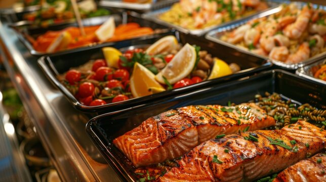 A seafood buffet display with trays of grilled salmon fillets and seafood pasta dishes.