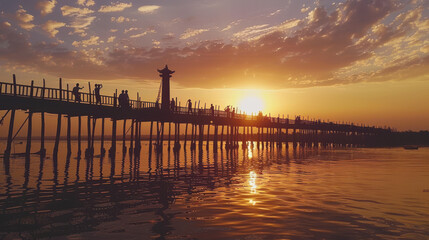 A serene landscape of the U Bein Bridge at sunset, with silhouettes of people walking across the longest teak bridge in the world