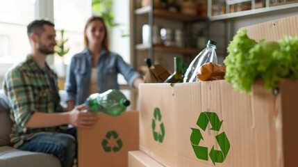 Environment, recycling, eco-friendly couple, and domestic trash management. Separating paper and plastic for recycling, future, conservation, nature, environment, and planet saving.