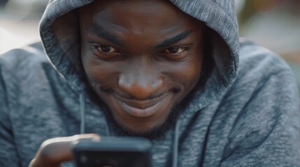 Phone, fitness, black dude Searching city for social media, internet, mobile app, sports blog, and exercise tech. Before workout, young athlete reads smartphone notification