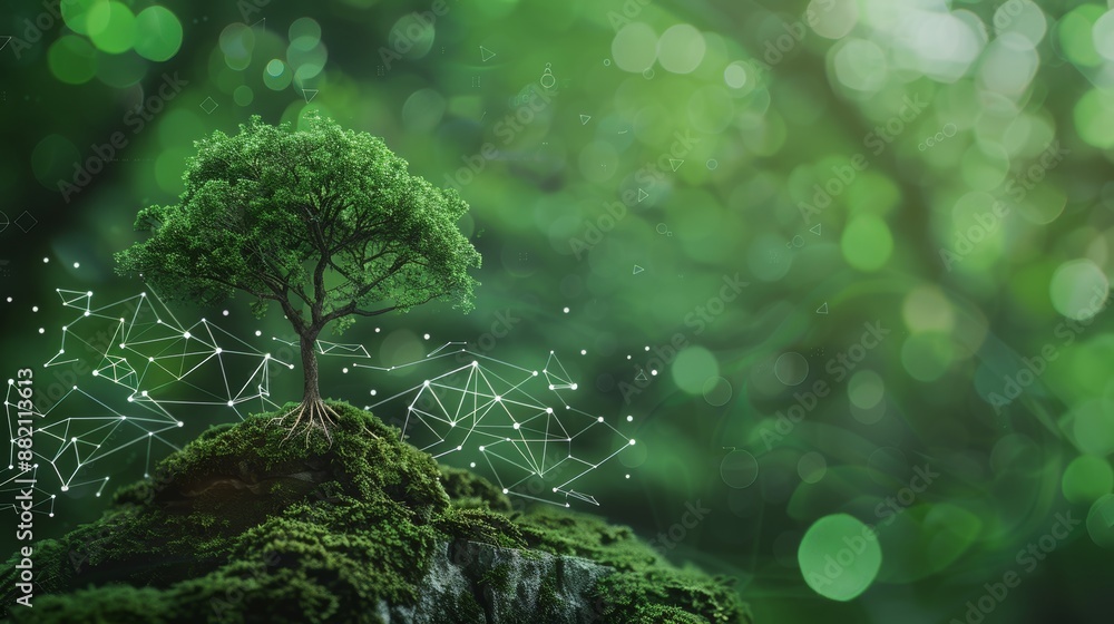 Poster green tree growing out of a network of data is the concept of a new technology startup
