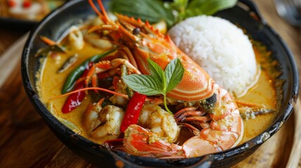 A seafood curry dish with prawns, crab, and squid in a fragrant coconut milk sauce, served with steamed rice.