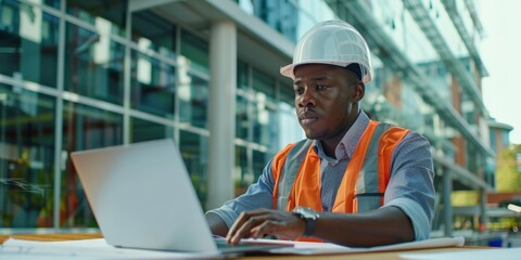 Architectural, laptop, and man planning, blueprint drawing, and design calculation for project development. Serious black person or contractor with floor layout, calculator, and app