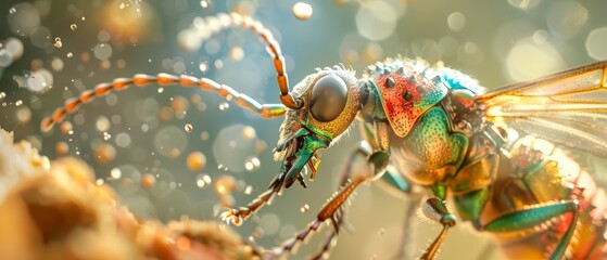 Fototapeta premium Close-up of a colorful wasp with bokeh background