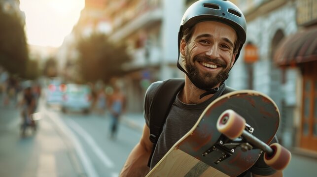 Smile, longboard and portrait of man with skateboarding hobby, skill and balance on road. Face of cheerful Gen Z skateboarder, nice dude holding skateboard with enjoyment and sport.