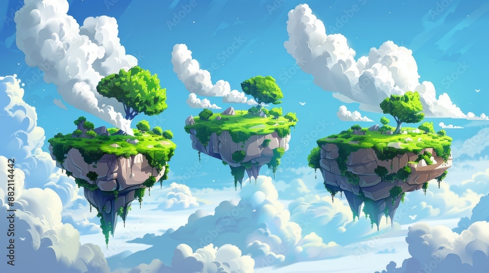 Poster videogame level landscape with a floating island platform for jumping. cartoon modern floating groun