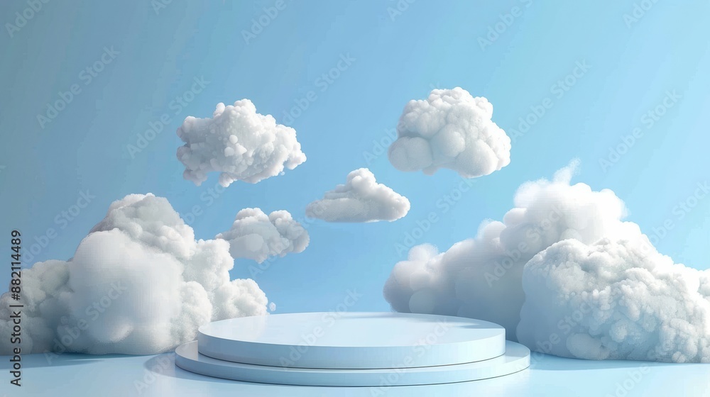 Aufkleber the white hemisphere is floating in a blue sky with fluffy clouds. a realistic 3d mock-up of a float