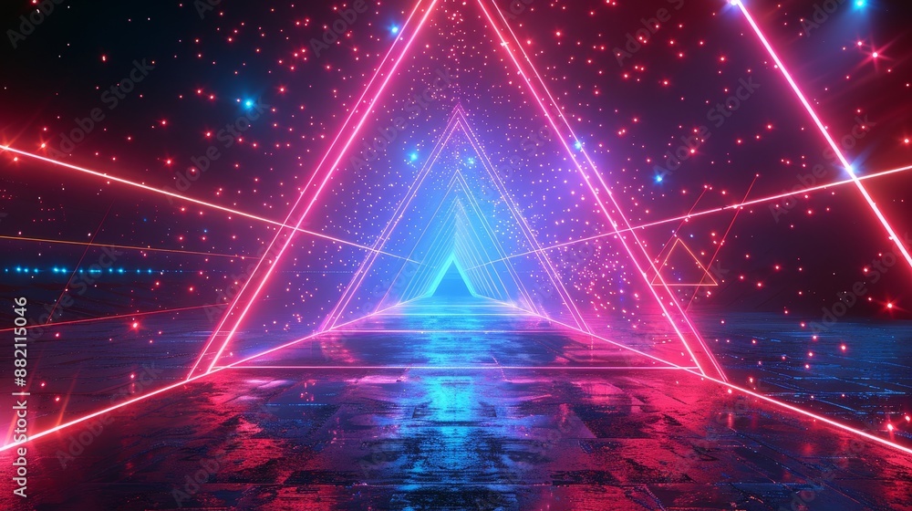 Poster in this futuristic and dj design, neon dots and lines are drawn into a triangular tunnel on a black 