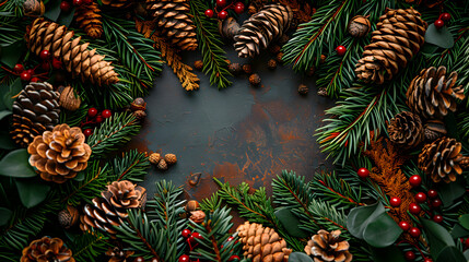 Naklejka premium Festive Thanksgiving Border Frame: Pine Cones Garlands with Copy Space | Photo Realistic Ornate Border Photo Stock Concept