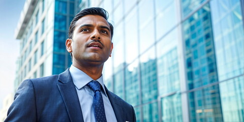 Fototapeta premium indian man in a suit looking up at a window in a tall building. His facial expression is one of surprise or concern.