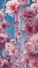 Vertical wallpaper of Glass cubes among cherry blossoms flowers