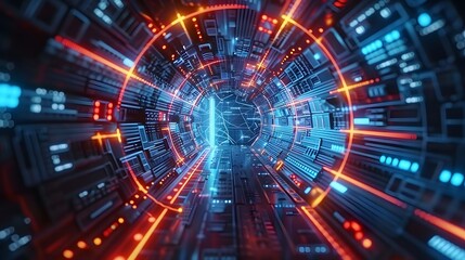 3D Futuristic circuit background. Motion graphic for abstract data center, server, internet, speed. Futuristic HUD tunnel. Display screens for tech titles and background, tech headline. 3D rende