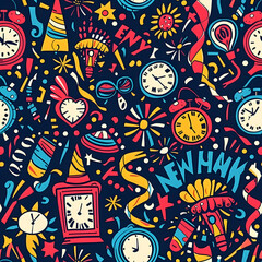 Obraz premium 2D illustrated New Year card in a cute graphic style seamless pattern.