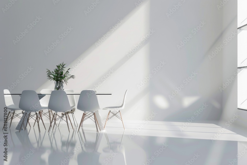 Wall mural A minimalist dining room with a sleek, glass-topped table and designer chairs. Hyper realistic. Shot with canon 5d Mark III --ar 3:2 --style raw Job ID: 2c93a3ef-b322-4c2c-ac9c-e48da21bc77f