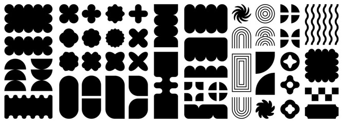 Abstract Brutalist shapes and icons. Geometric shapes and grids. Brutal contemporary figure star oval spiral flower and other primitive elements. Swiss design aesthetic. Bauhaus memphis design.