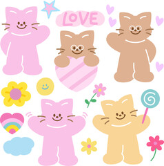 Illustration of cat, flower, heart, cloud, star, candy for cartoon character, comic, mascot, animal, pet, vet, floral, picnic, summer, nature, garden, cute patches, brooch, kitten sticker, Valentines
