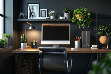 This image showcases a sleek and modern workspace, complete with a stylish desk and various inspirational decor elements.