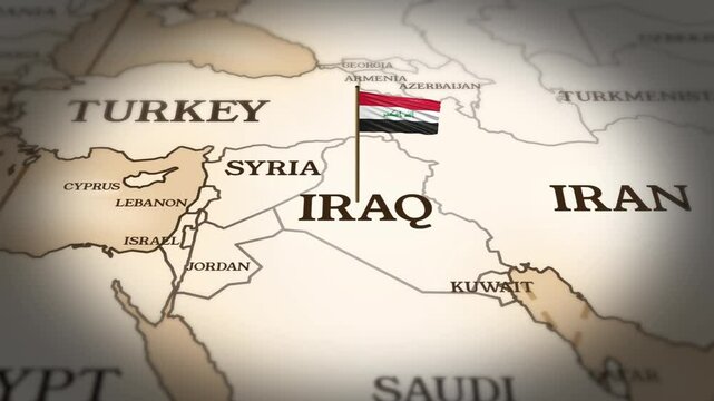 Iraq flag showing on world map with 3D rendering