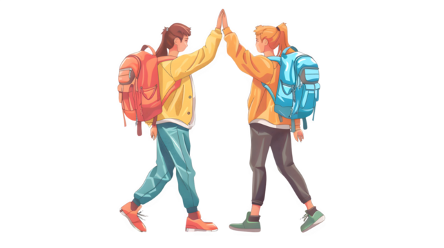 High five at school entrance, back to school celebration, welcoming students, positive school spirit, friendship and camaraderie, png file, isolated on white - Powered by Adobe