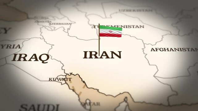 Iran flag showing on world map with 3D rendering